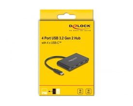 Emballagen til DeLock USB 3.2 Gen 2-hubben viser den sorte hub med fire USB-C-hunstik.