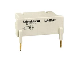 Schneider Electric RC-beskyttelse LA4-DA2U i hvid plast med 110-240V AC mærkning og gyldne kontakter, til motorstarter.