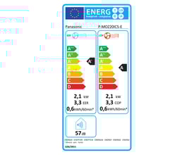 Energimærkat for Panasonic varmepumpe, der viser A+++ for køling og A for opvarmning samt støjniveau på 57 dB.