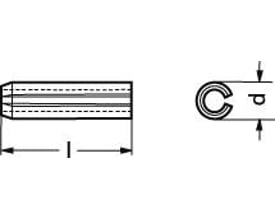 Diagram af en ubehandlet rørspændestift DIN 1481, med dimensioner angivet som 'l' og 'p', 4x10 mm.