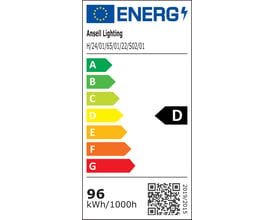 Energimærke for Ansell Lighting H-Cell LED bånd, klassificeret som D, med angivelse af 96 kWh/1000h.