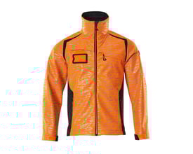 Mascot softshell jakke 19202 i Hi-Vis orange med mørk marine detaljer, str M. Jakken har reflekterende mønster og høj krave.