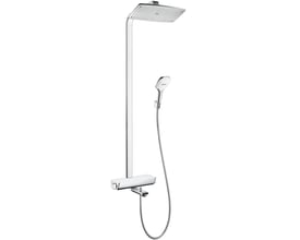 Komplet Hansgrohe RD Select Showerpipe 360 karbrusersystem i blank krom, med tydelig visning af termostat og brusefunktioner.