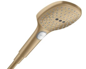 Hansgrohe Raindance Select E 120 håndbruser i børstet bronze, 120mm hoved med 3 strålefunktioner og Select-knap.