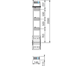 Schneider Electric stigeledningsskinne 630A, model KSA630EV4203. Tekniske mål angivet i mm viser dimensioner på 2000, 763, 500 og 237.