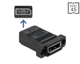 Sort DeLock Easy 45 lige DisplayPort-adapter med hunstik i begge ender og to monteringshuller, set skråt forfra.