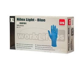 Sidevisning af Boisen Safety Nilex Light blå engangshandske-kasse, der viser XL-størrelse, 100 stk., PF-160701 og CE-certificering, samt en illustreret blå handske.