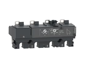 Schneider Electric TM50D 4P4D relæenhed med 50A mærkestrøm og justerbar overbelastningsbeskyttelse, vist fra siden med tydelige markeringer.