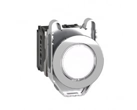 Schneider Electric Harmony XB4/ZB4 lampetryk set bagfra, viser 1NO+1NC kontaktelementer og 24V LED-modul, klar til montage.