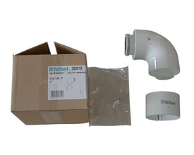 Vaillant ecoTEC-bøjning i grå PP til balanceret aftræk, 60/100 mm, vist sammen med emballage og tilbehør.