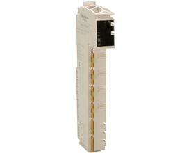 Schneider Electric Modicon TM5SBET1 busmodul transmit, vist fra siden med fokus på de gyldne kontakter og hvidt kabinet.