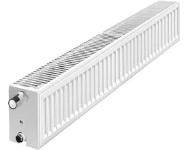 Purmo Ventil Compact CV33 radiator i hvid, 200mm høj og 2000mm lang, med synlige tilslutninger i venstre side.