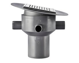 Purus Multiflex 110mm grå afløbsskål med lodret udløb, rustfri rist og flange til smøremembran.