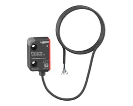 Telemecanique Sensors RFID-sikkerhedskontakt XCSRML0L10 med mørkegråt hus, rød kant og kabel med frie ledningsender.