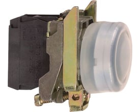 Schneider Electric Harmony XB4 komplet trykknap med sort silikone kappe og planmonteret design, vist fra siden på hvid baggrund.