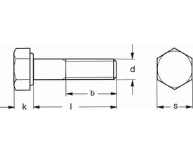 Teknisk tegning af en M20x210 ISO 4014 A4 syrefast bolt, der viser dimensionerne k, l, b, d og s.