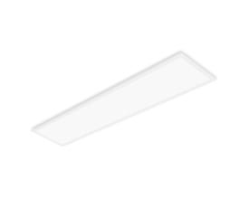 Hvidt Ledvance LED-panel Comfort Zigbee Direct Easy, 300 x 1200 mm, set skråt med den plane lysflade synlig.