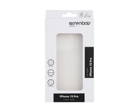 Essentials ultra slim soft case emballage for iPhone 15 Pro, transparent klar plast med illustrationer af funktioner.