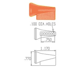Orange vinkeldyse Loc-Line 6XØ2,5, med dimensioner og tegning der viser 6 huller af 2,5mm. Bruges til præcis væskestrøm.