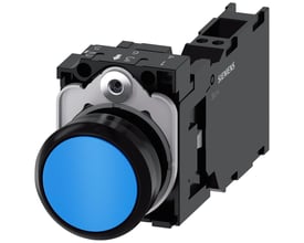 Siemens trykknap 22 mm, rund, blå og flad i plast med holder 1 NO+1 NC og fjederterminal monteret.