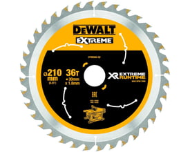 DeWalt EXTREME rundsavklinge Ø210mm med 36 tænder og 30mm centerhul, optimeret til akkusave.