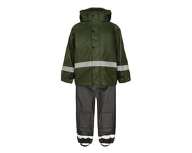 Lyngsøe Rainwear F2552 regnsæt til 12 år i grøn og sort med hætte og reflekterende bånd på jakke og bukser.