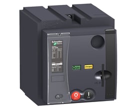 Schneider Electric Compact NSX N340N med motordrev MT400/630, tydeligt mærket med specifikationer og betjeningsknapper.