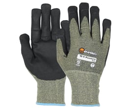 Et par Eureka skærehandsker, model 15-4 Puncture Soft, størrelse L (10) vist fra håndfladen. Handskerne er sorte med gråmeleret materiale.