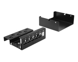 DeLock 6-ports Keystone patch panel i sort metal, vist med DIN-skinne clips og åbnet for montering af moduler.