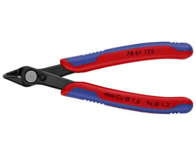 Detaljeret billede af Knipex Super Knips elektronik tangens skærehoved, der viser den præcise, facelessle skærekant.