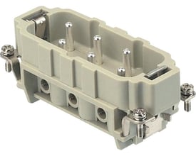 Nærbillede af Harting Han HSB 16B stikindsats, der viser de 6 hanstik og skrueterminaler i detaljer.