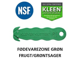 Grøn Klever NSF kniv med skjult klinge, NSF og Kleen Antimicrobial certificeringer fremhævet.