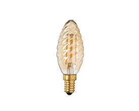 Nielsen Light LED kertepære med snoet gyldent glas og synligt filament, E14 sokkel, isoleret på hvid baggrund.