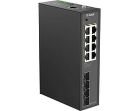 D-Link DIS-210G-12P industriel PoE-switch i sort, vist skråt forfra med Ethernet- og SFP-porte.