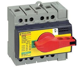Schneider Electric Compact INS80 lastafbryder, 3-polet 80A i grå og sort plast med et stort gult mærkat og en rød betjeningshåndtag.