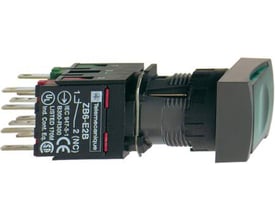 Schneider Electric XB6DW3B5B trykknap med rektangulært, grønt trykhoved og grøn indikator på sort baggrund.