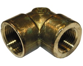 Messing vinkel 1 1/2'' med 90 graders bøjning og muffe/muffe gevind, velegnet til PEX installationer.