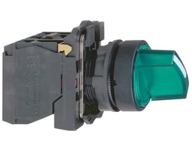Sidevisning af Schneider Electric drejeafbryder XB5AK13M5 med mærkninger og grøn betjeningshåndtag.