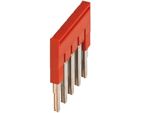 Schneider Electric rød 5-polet laske til push-in, 2,5mm², med synlige metalstifter og et isolerende rødt plasthus.