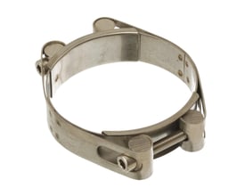 MichLar Power Clamp i AISI316 stål med dobbelt bolt M6x45mm og 20mm båndbredde, klar til montering på et 130-140 mm objekt.