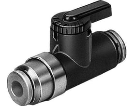 Festo kugleventil QH-QS-6 med sort håndtag og metalfitting på hvid baggrund.