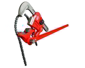 Ridgid S-6A dobbeltvirkende rørtang i rød metal med kæde, viser den udvekslede kraftmekanisme og tandede kæber.