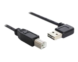 Sort DeLock EASY-USB 2.0-kabel med vinklet, vendbart USB-A-stik og USB-B-stik, vist med begge stik.