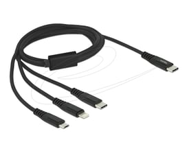 Sort DeLock 3-i-1 USB-C-ladekabel på 1 meter med USB-C-stik i den ene ende og tre forskellige stik i den anden.