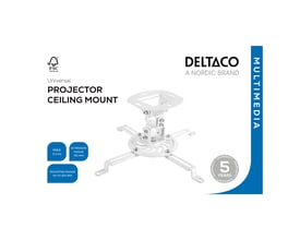 Deltaco projektorloftbeslag i hvidt på produktgrafik med justerbare arme og angivne monteringsmål.