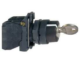 Nærbillede af Schneider Electric nøgleafbryder XB5 med indsat nøgle Ronis 455, der viser cylinderdetaljer og sort plasthus.