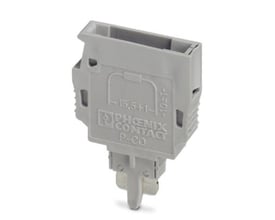 Detaljeret billede af Phoenix Contact P-CO komponentholderens klikmekanisme og dens grå polypropylen materiale.