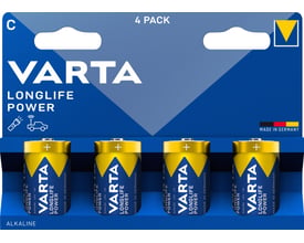 Varta Longlife Power C-batteri type 4914 med blå og gul emballage og batterier synlige nederst.
