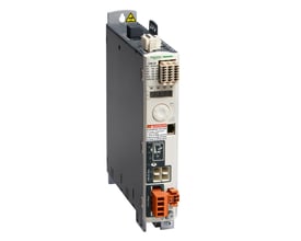 Schneider Electric LXM32C analog/pulse servodrev med 12A peak og 3x400V, vist fra siden med tydelige tilslutningsmuligheder og advarselsskilt.
