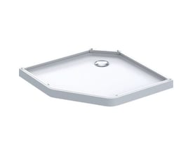 Ifö Showerama femkantet brusekar i hvid stenharpiks, måler 900x800 mm, med centrerede afløbsåbning.